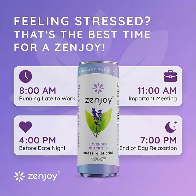 Zenjoy Stress Relief Drink Calming Black Tea Non Alcoholic Ashwagandha &amp Lemon Balm for Stress Relief L - Theanine for Focus (12 Pack) (Lavender)