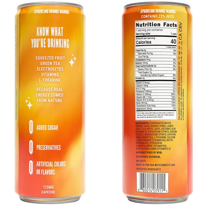 LivReal Clean Energy Drink – Organic Green Tea Caffeine 125mg + L-Theanine 100mg – Real Fruit No Sweeteners or Flavorings – Vitamin C &amp B Complex – Sparkling Orange Mango Water – 12 Pack 12 fl o