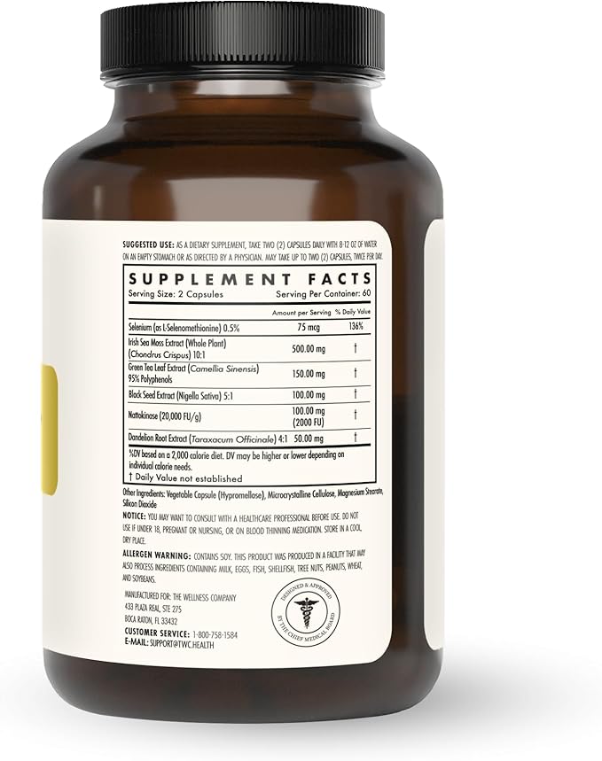 The Wellness Company Spike Support - Detox Immune Health Blood Flow Anti-Clotting - Nattokinase Dandelion Root &amp Black Sativa | 120ct (2 Month Supply)
