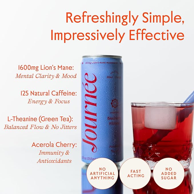 Journée Wellness Energy Drink Natural Caffeine Lion’s Mane L-Theanine 125 mg Caffeine Real Fruit Juice All Natural 0 Added Sugar Cognition Immunity - Blueberry Hibiscus – Pack of 12