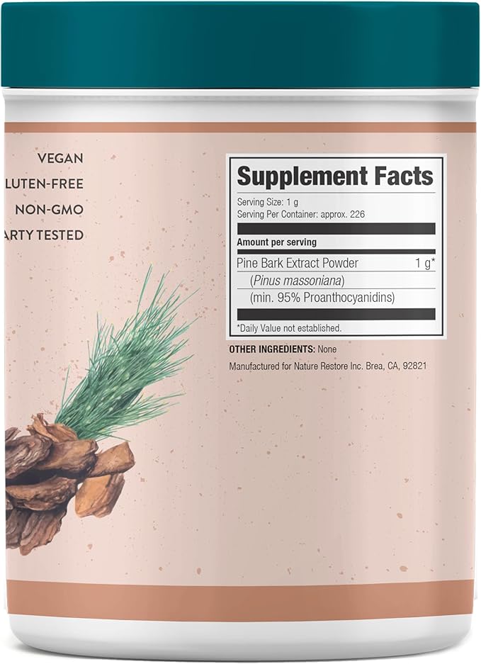 Nature Restore Pine Bark Extract Powder 8 ounces/226 Grams Standardized to 95 Percent Proanthocyanidins Vegan Gluten Free Non GMO