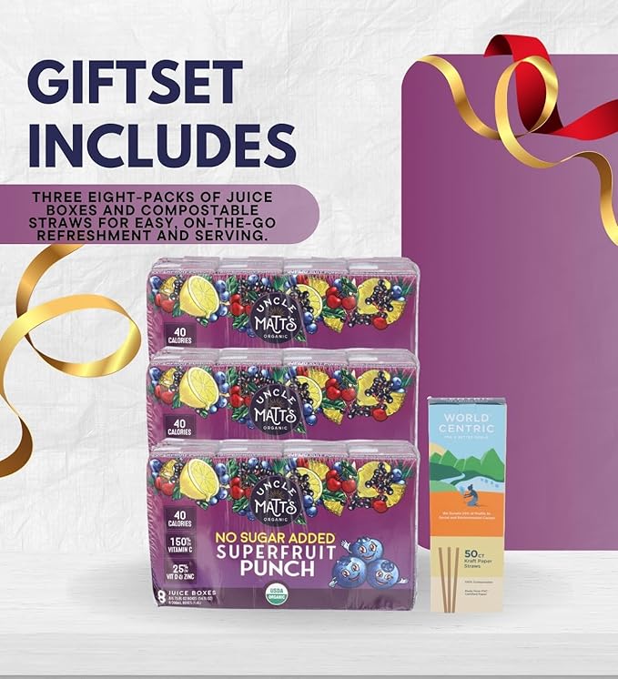 3x Uncle Matt’s Organic Superfruit Punch Juice Boxes 8-Pack 54 fl oz Bundle with Paper Straw 50 pc and Reusable Carry Bag – Organic Juice with Vitamins C &amp D for Kids — Gift Set (4 Items)