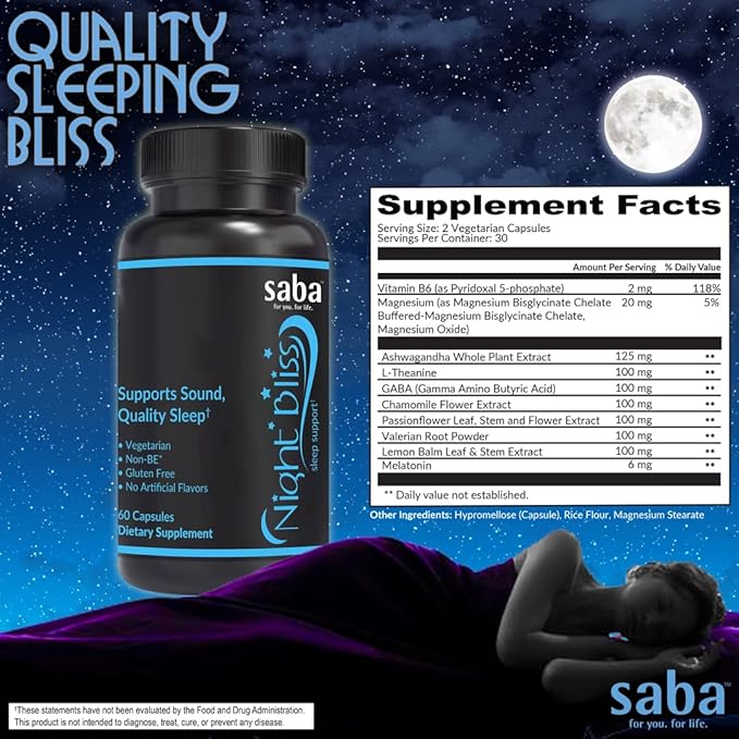 Saba Night Bliss Natural Sleep Aid | Non-Habit Forming | Sleep Supplement for Longer Sleep &amp Stress Relief w/Magnesium Melatonin GABA Chamomile &amp Valerian (60 Vegan Capsules 30 Day Supply