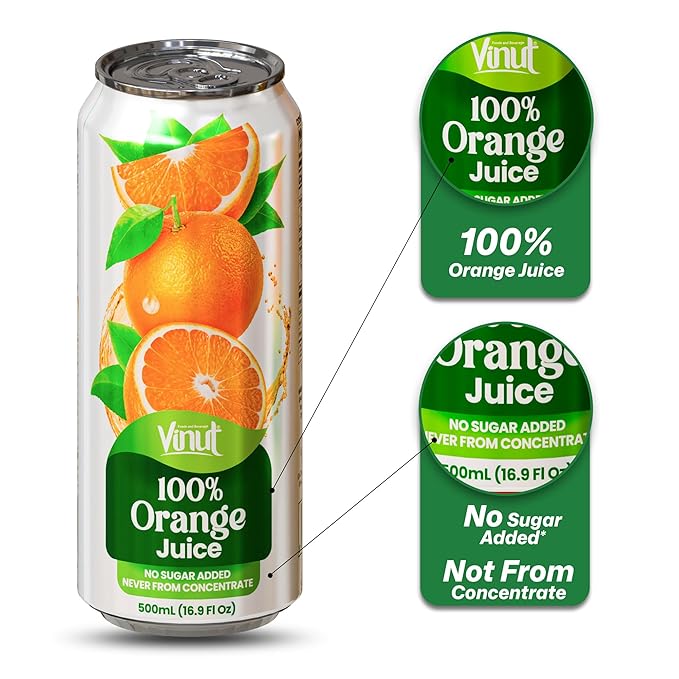 VINUT 100% Orange Juice No Added Sugar Never From Concentrate 16.9 fl oz (500 mL) Can Pack of 24