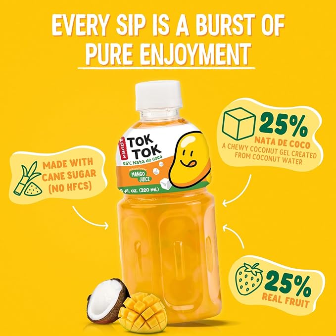 Pocas Toktok Mango Juice 12-Pack – Made with Real Fruit &amp Chewy Nata De Coco 8 Oz Each