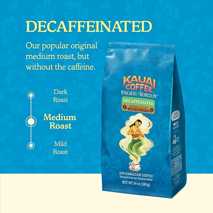 Kauai Coffee Whole Bean Coffee – Smooth Non-Bitter Medium Roast Pure Arabica – Floral Notes and Bright Aroma – Grown on Hawaii's Largest Coffee Farm – Decaf 1 Pack of 24oz