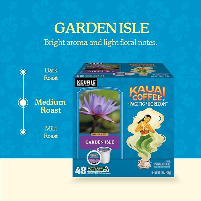 Kauai Coffee K-Cup Pods for Keurig Brewers – Arabica Coffee 10% Hawaiian – Medium Roast Bright Aroma With Light Floral Notes – Garden Isle 1 Pack of 48 Single Serve K-Cups