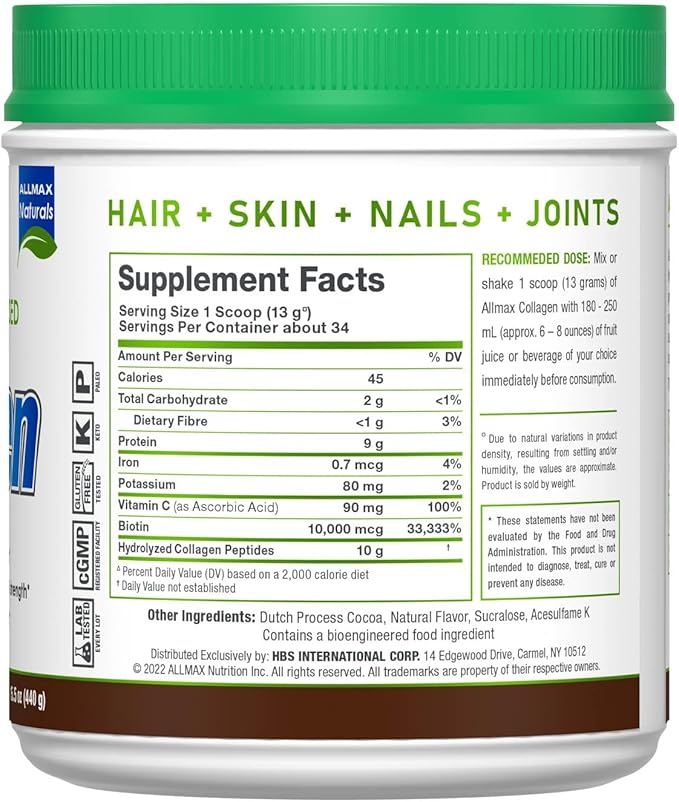ALLMAX Collagen Powder Grass Fed &amp Pasture Raised – with Biotin (10000 mcg) &amp Vitamin C (90 mg) (440 Grams Chocolate)