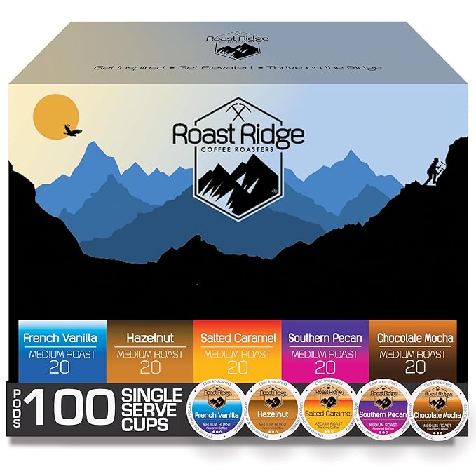 Roast Ridge Single Serve Coffee Pods for Keurig K-Cup Brewers Variety Pack 100 Count (20 each: Salted Caramel Southern Pecan Chocolate Mocha Hazelnut French Vanilla)
