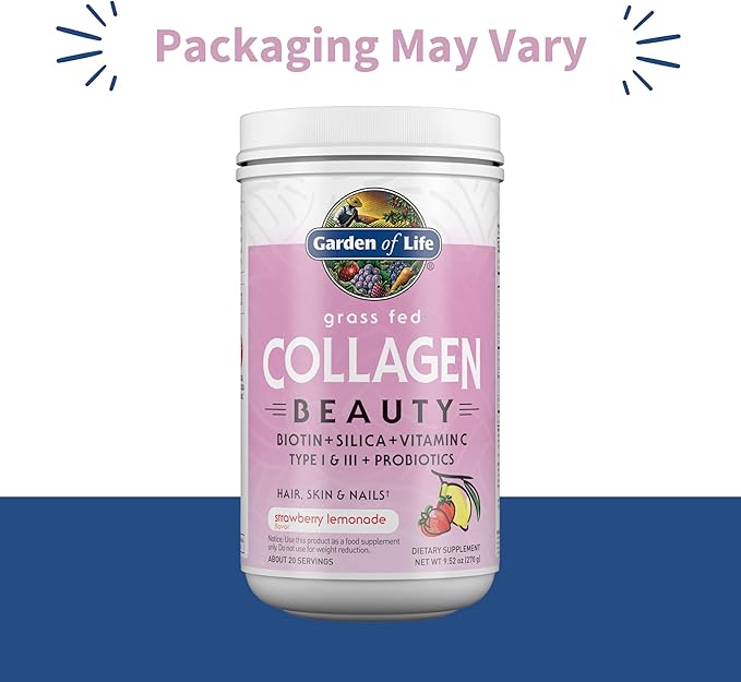 Garden of Life Grass Fed Collagen Beauty - Strawberry Lemonade 20 Servings Powder for Women Men Hair Skin Nails Hydrolyzed Collagen Peptides Protein Powder Supplement