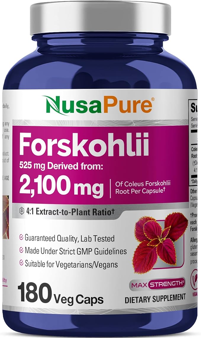 NusaPure Forskohlii 4:1 Extract 525 mg Equivalent to 2100 mgper Veggie Caps - 180 Capsules (Non-GMO Vegan &amp Gluten Free)