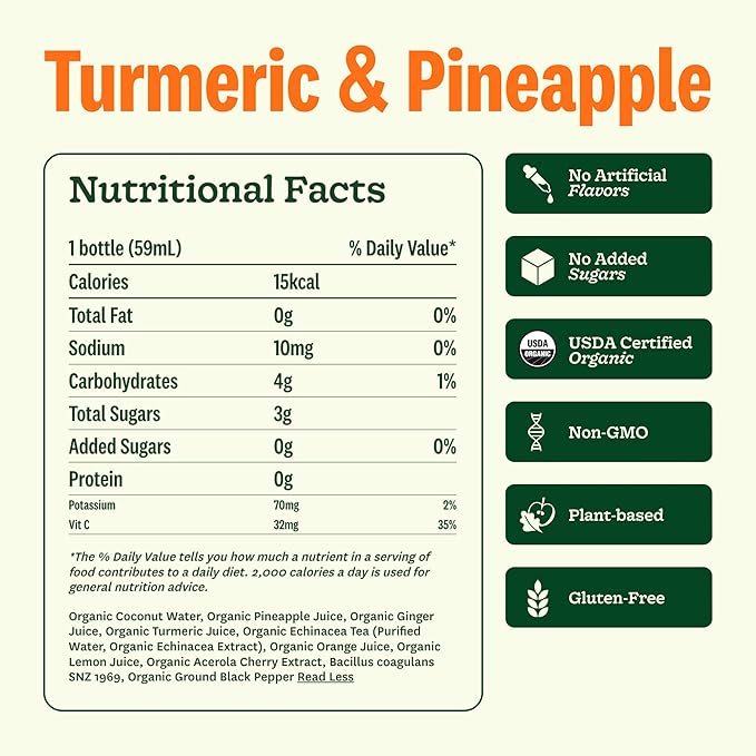 Suja Organic Immunity Defense Shot (20 Pack) with Turmeric and Ginger | Immunity Boost &amp Support | Functional Shots | Cold-Pressed Juice with Live Probiotics | Plant-Based &amp Gluten-Free (20 Pa