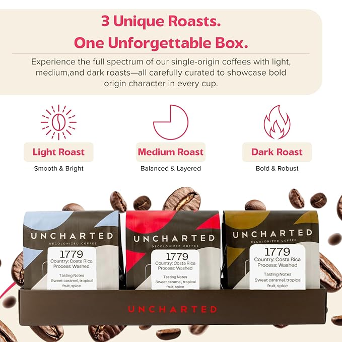 Single-Origin Organic Coffee Beans Gift Box Light Medium or Dark Roast Organic Whole Bean Coffee 3 Pack Explorer 1779 Costa Rica by Uncharted Coffee