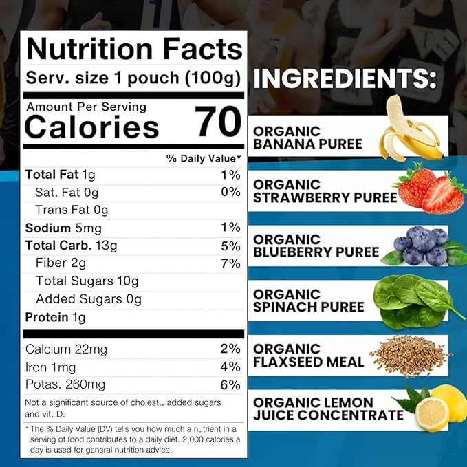 Clean Label Organic Fruit Smoothie Sports Pouches - Healthy Nutrition Drinks Gluten Free Caffeine Free Vegan Kosher Convenient Snacks - Banana Strawberry &amp Blueberry Smoothie – 8 Pouch Pack