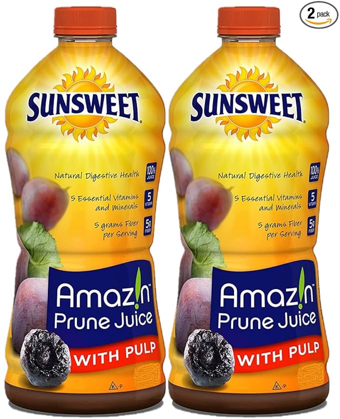 Sunsweet Amazin Prune Juice with Pulp - 32 oz Bottle - Pack of 2 - Fat Free - Gluten Free - Vegan - High in Natural Minerals and Dietary Fiber - Natural Digestive Help