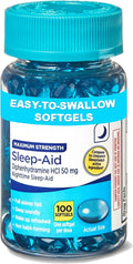 Maximum Strength Nighttime Sleep-Aid Softgels 50 mg Diphenhydramine HCl – 100 Count (100-Day Supply) – Non-Habit Forming Sleep Support – Helps You Fall Asleep Fast &amp Stay Asleep All Night