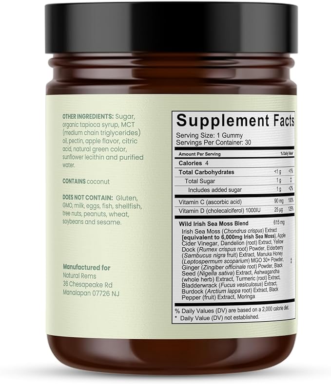 Natural Rems Sea Moss Gummies 16-in-1 - Ashwagandha Black Seed Oil Bladder Wrack Turmeric Vitamin C &amp D3 with Manuka Burdock Root Dandelion Yellow Dock Elderberry Apple Cider Vinegar (Green Apple)