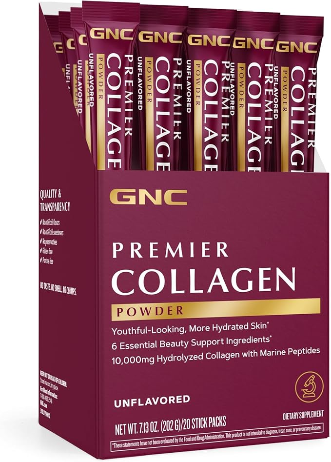 GNC Premier Collagen Powder with 6 Essential Beauty Support Ingredients Unflavored 20 Stick Packs