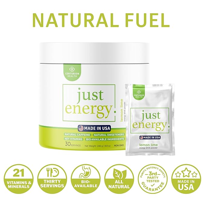 Just Energy Drink Powder Refreshing Lemon Lime Energy Drink Mix with 21 Energy-Boosting Ingredients Includes B Vitamins Choline Zinc Chromium and Inositol 30 Servings