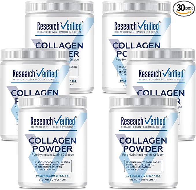 Research Verified® Collagen Powder - Hydrolyzed Marine Collagen Peptides - Unflavored - Skin Hydration and Elasticity Muscle Recovery Non GMO - 30 Scoops Per Container - 6 Month Supply