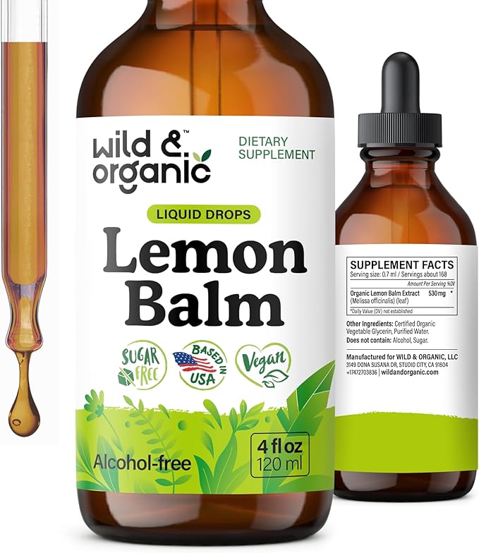 Wild &amp Organic Lemon Balm Tincture - Mood Support Supplement - Melissa Lemon Balm Leaf Extract Drops - Vegan Sugar &amp Alcohol-Free Calming Supplement - 4 fl oz
