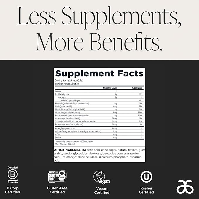 Arbonne Ginseng Energy Supplements - PomegranateFlavor Fizz Sticks Energy Boost with Caffeine Powder from Guarana and Green Tea Delicious Alternative to Caffeine Pills