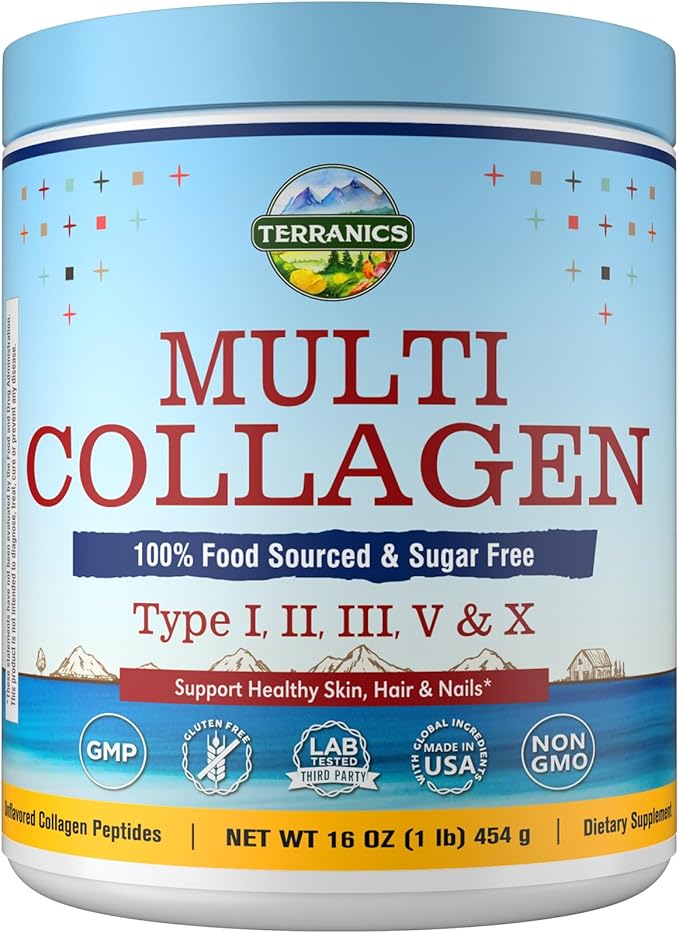 Terranics Multi Collagen Peptides Powder Type I II III V X Hydrolyzed Collagen for Women+Men Collagen Supplements Fast Dissolve Unflavored Colageno No Sugar Keto 16oz