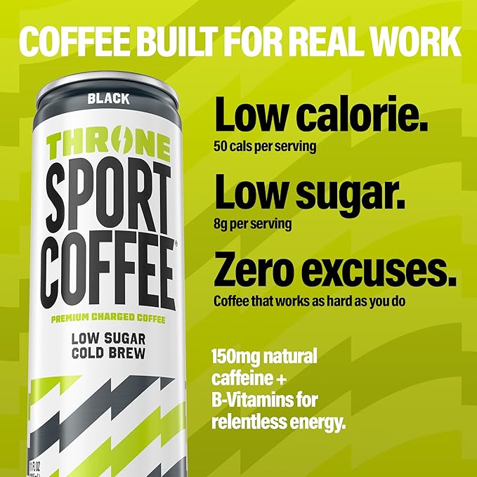 Throne Sport Coffee Cold Brew – Low Sugar. 150mg Natural Caffeine and B Vitamins – Dairy-Free Low Calorie –Premium Arabica NSF Certified Active Lifestyles – Black 12 Pack