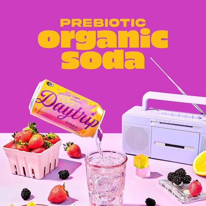 Daytrip Organic Sparkling Prebiotic Soda Low Sugar Soda and Low Calorie Healthy Soda Alternative Prebiotic Drink for Gut Health Drink and Digestion Refreshing Functional Beverage with Plant-Based F