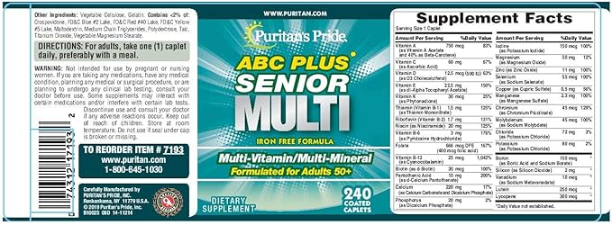 Puritan's Pride ABC Plus Senior Multivitamin Multi-mineral Caplets 240 Count
