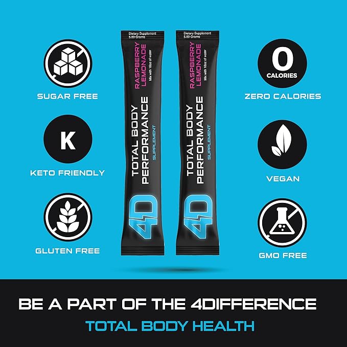 4D Raspberry Lemonade 25 Unit Drink Mixes - Electrolytes Aminos Vitamins &amp Energy Powder Packets - Zero Calories &amp Sugars - Gluten Free Non-GMO Keto &amp Vegan Friendly