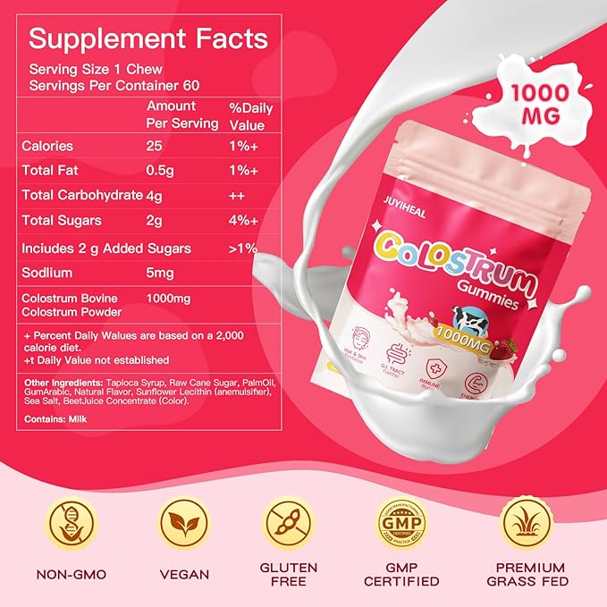 Colostrum Gummies 1g Per Seving Grass Fed Colostrum Chews Colostrum Supplement for Gut Health Hair Growth Beauty and Immune Support Strawberry Flavor 60 Servings