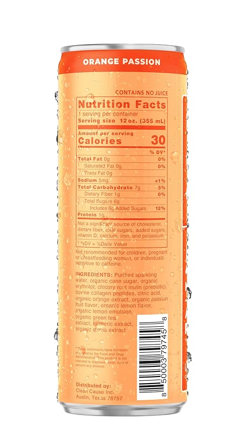 CLEAN Cause Orange Passion Sparkling Pick-Me-Up with Prebiotics &amp Collagen Peptides (12oz cans 12-Pack Case) Low Sugar 120mg Caffeine Healthy Alternative to Soda &amp Energy Drinks.