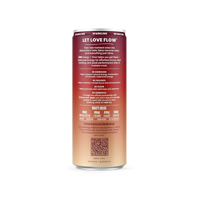 Be LOVE Energy + Flow – 80mg Natural Caffeine L-Theanine &amp Alpha-GPC for Clean Calm Focus – Zero Sugar Low Calorie 100% DV B-Vitamins – Non-GMO Vegan – 12 fl oz (Pack of 12) (DR. LOVE)