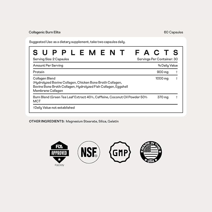 Nuray Collagenic Burn Elite with Green Tea - Collagen Peptides- 60 Capsules | Collagen Burn with 5 Types of Collagen for Healthy Hair Skin Nails Joints Metabolism Boost &amp Energy