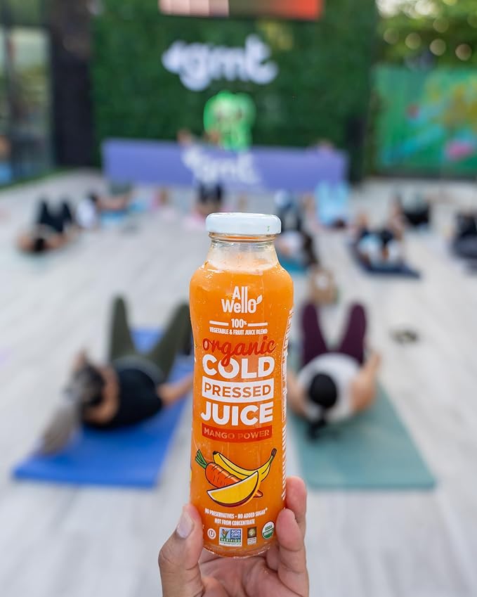 AllWellO Organic Cold Pressed Juice Drinks with Real Fruits and Vegetables Gluten Free Non-GMO Healthy Juices No Preservatives No Sugar Added (Mango Power 12 Pack)