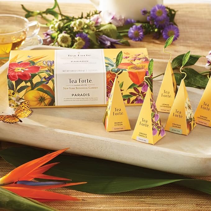 Tea Forte Paradis Petite Presentation Box Tea Gift Set Sampler 10 Count 2 of Each Variety Individually Wrapped Handcrafted Pyramid Infuser Bags