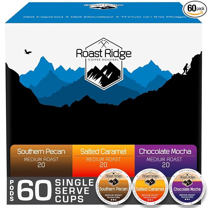 Roast Ridge Single Serve Coffee Pods for Keurig K-Cup Brewers Flavored Variety Pack Medium Roast 60 Count (20 each: Southern Pecan Salted Caramel Chocolate Mocha)