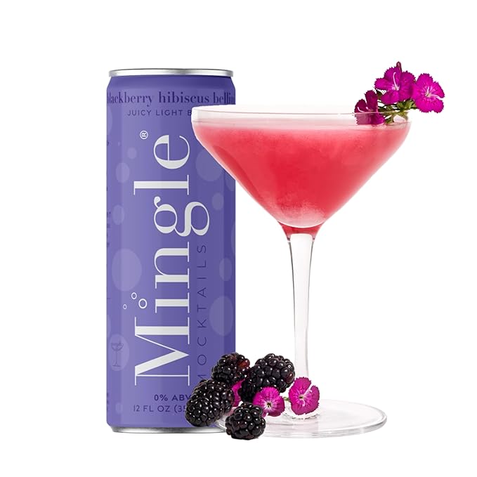 Mingle Mocktails Blackberry Hibiscus Bellini Non Alcoholic Drinks Alcohol Alternative Pre-Mixed Drinks with Real Juice Canned Mocktails or Cocktail Drink Mixer Gluten Free Vegan 24 Pack 12 fl oz