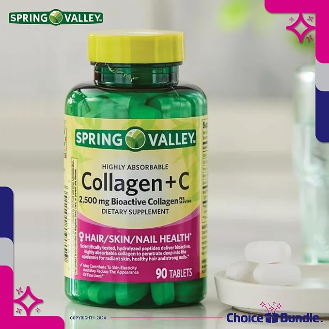 Spring Valley Highly Absorbable Collagen + Vitamin C Tablets Hair Skin Nail Health 2500 mg 90 Ct 4 pk (360 Total) + Vitamin Vitality &amp Pill Container (6 Items)!