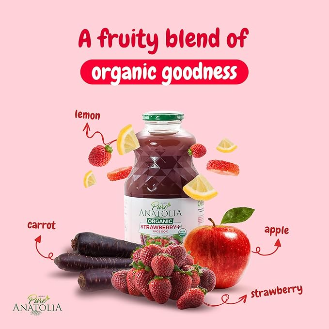 Organic Fruit Juices by Pure Anatolia • Pomegranate • Carrot Mix • Green Detox • Antioxidant • Tart Cherry • USDA Organic Gluten Free Vegan - 6 Glass Bottles of 32 fl oz. (Strawberry+)