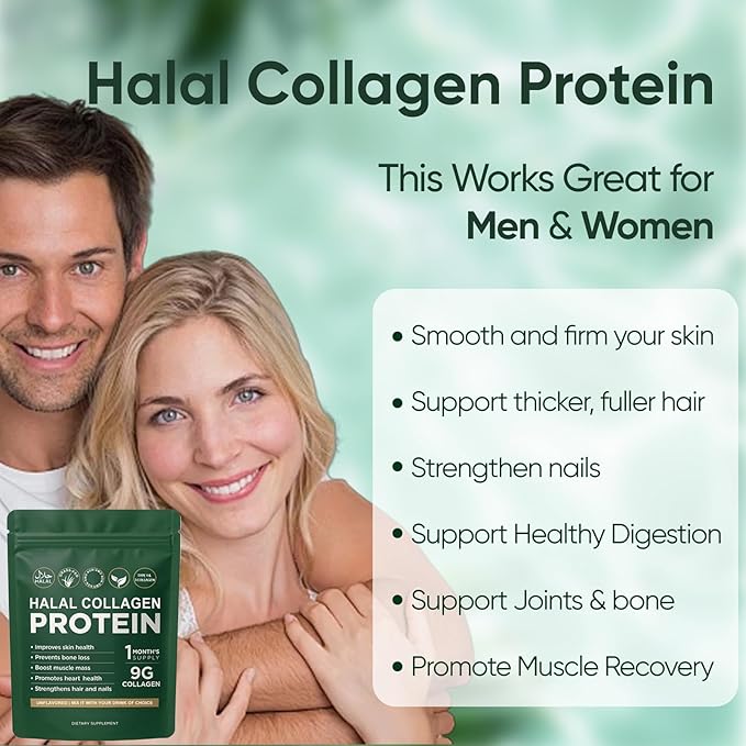 Halal Collagen Protein Powder Grass-Fed Collagen Peptides Powder Type I&ampIII 100% Hydrolyzed for Hair Skin Nails Gut Bone &amp Joint Health for Women and Men Sugar Free Unflavoured (1)
