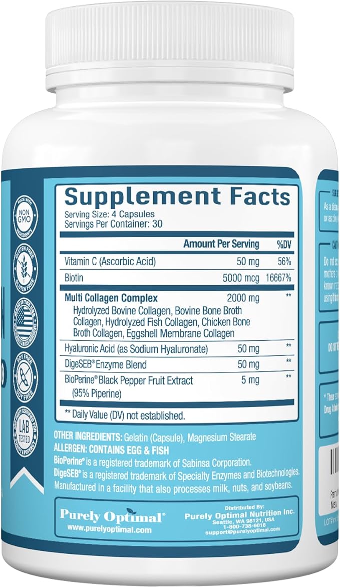 Premium Multi Collagen Peptides (Types I II II V X) - Collagen Pills for Skin Care Hair Growth Nails &amp Joints - Vitamin C Hyaluronic Acid Biotin Gluten Free - 120 Collagen Capsules