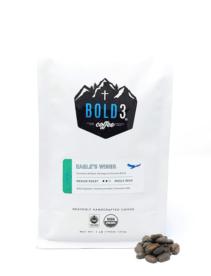 BOLD3 coffee for Jesus Christ Fair Trade Organic Colombian Ethiopian Nicaragua Specialty Gourmet Premium Coffee Beans Best Christian Gift Arabica Medium Roast 1 LB Great Espresso Press Cold