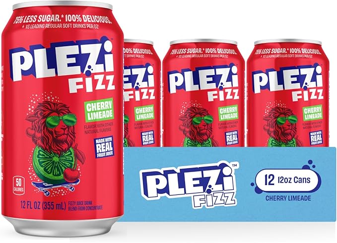 PLEZi FiZZ Sparkling Juice Drink Variety Pack – Orange Mango Cherry Limeade &amp Strawberry Lemonade – No Added Sugar Low Sugar Soda Alternative with Real Fruit Juice &amp Fiber – 12 Fl Oz (36 Pac