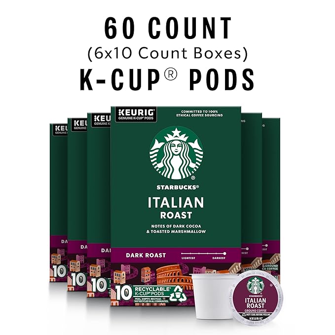Starbucks K-Cup Coffee Pods Dark Roast Coffee Italian Roast for Keurig Brewers 100% Arabica 6 boxes (60 pods total)