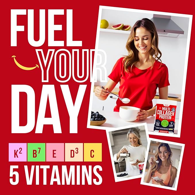 Multi Collagen Peptides w/Prebiotic + Probiotics + Type I II III V X + Hydrolyzed Collagen Powder w/Vitamin C+D3+B7+K2+E Hyaluronic Acid Supports Skin Hair Nail Joint Grass-Fed Non-GMO