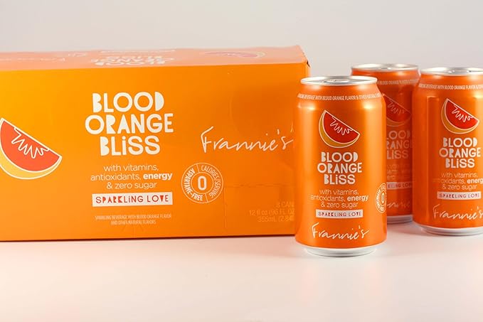 KauffmanTreats Frannie Sparkling Beverage- Zero Calories &amp Sugar Aspertame Free: 8-Ct 12 Oz. Cans (Blood Orange Bliss)