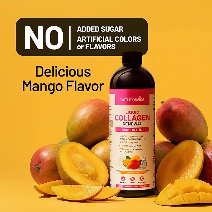 NatureWise Hydrolyzed Liquid Collagen for Women &amp Men 4000mg - No Added Sugar - Multi Collagen Peptides + Biotin + Vitamin C + Vitamin B Complex &amp Hyaluronic Acid - Mango - 15.22 fl oz[45 Day
