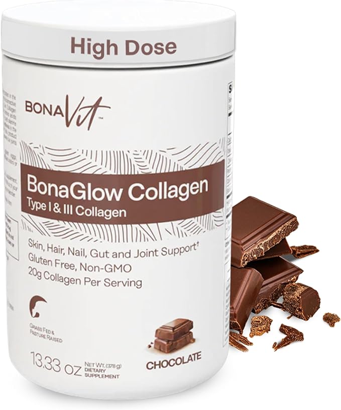 Collagen Peptides - Type I &amp III - Premium Hydrolyzed Collagen Powder - with Digestive Enzymes &amp Probiotics - High Dosis of Collagen &amp Protein - 14 Servings - BonaGlow Chocolate